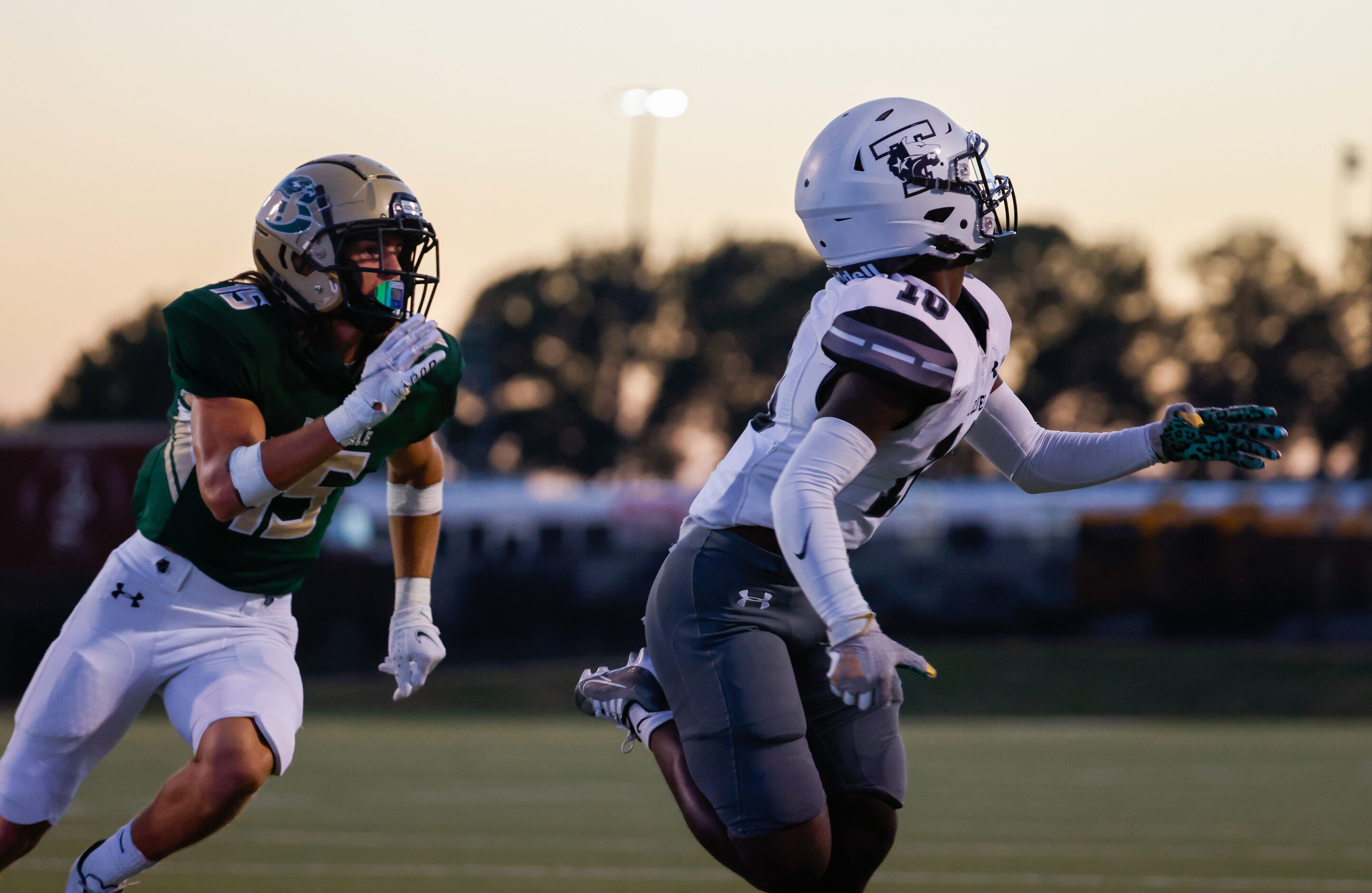 Birdville defensive back Colton Clement (15) follows Mansfield Timberview running back DJ...