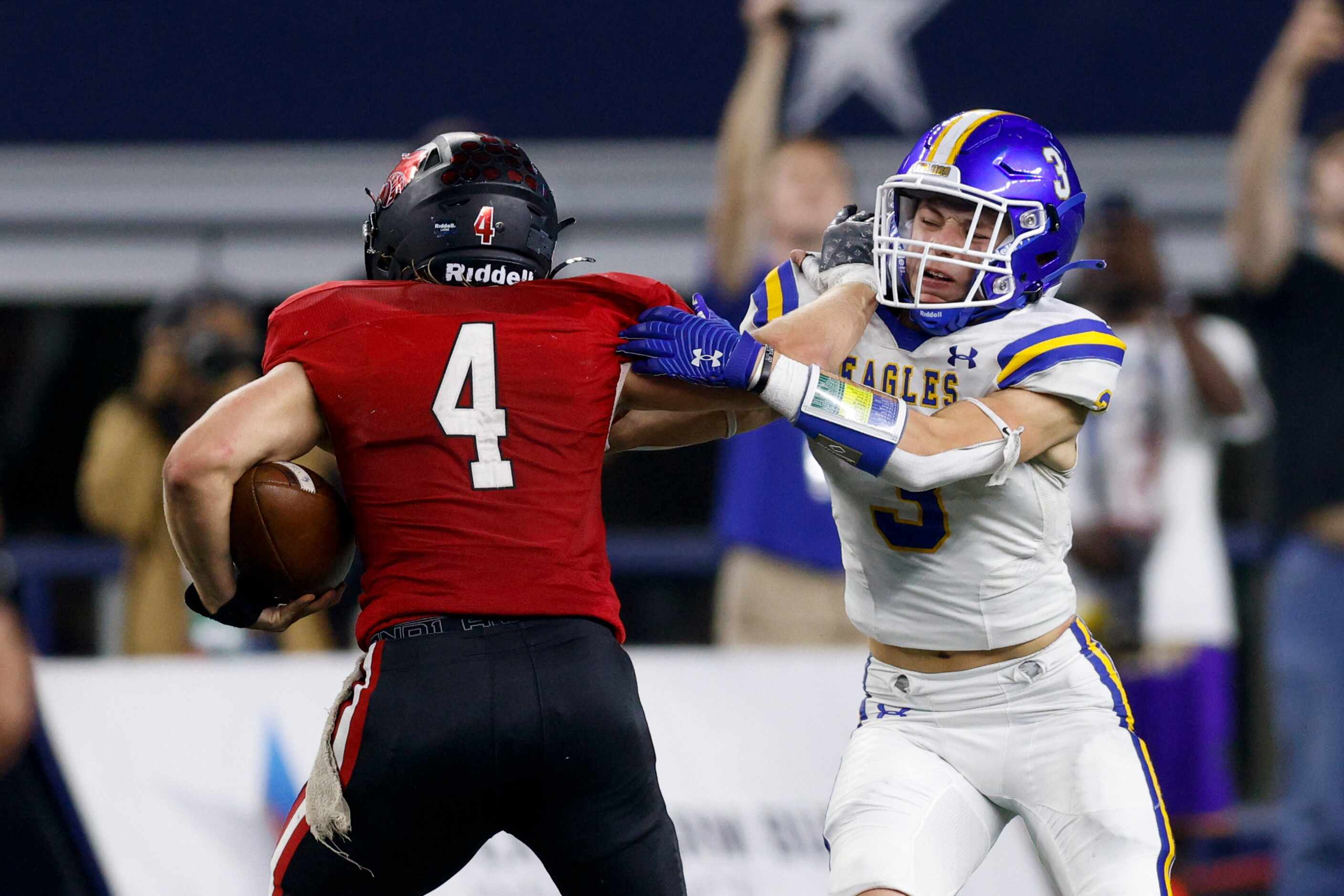 Brock defensive back Carson Finney (3) tackles Lorena running back Rhett Hanson (4) during...