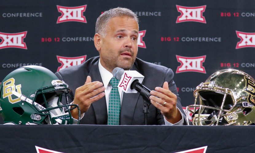 Matt Rhule, head football coach at Baylor, talks to the media at Big 12 Football Media Days...