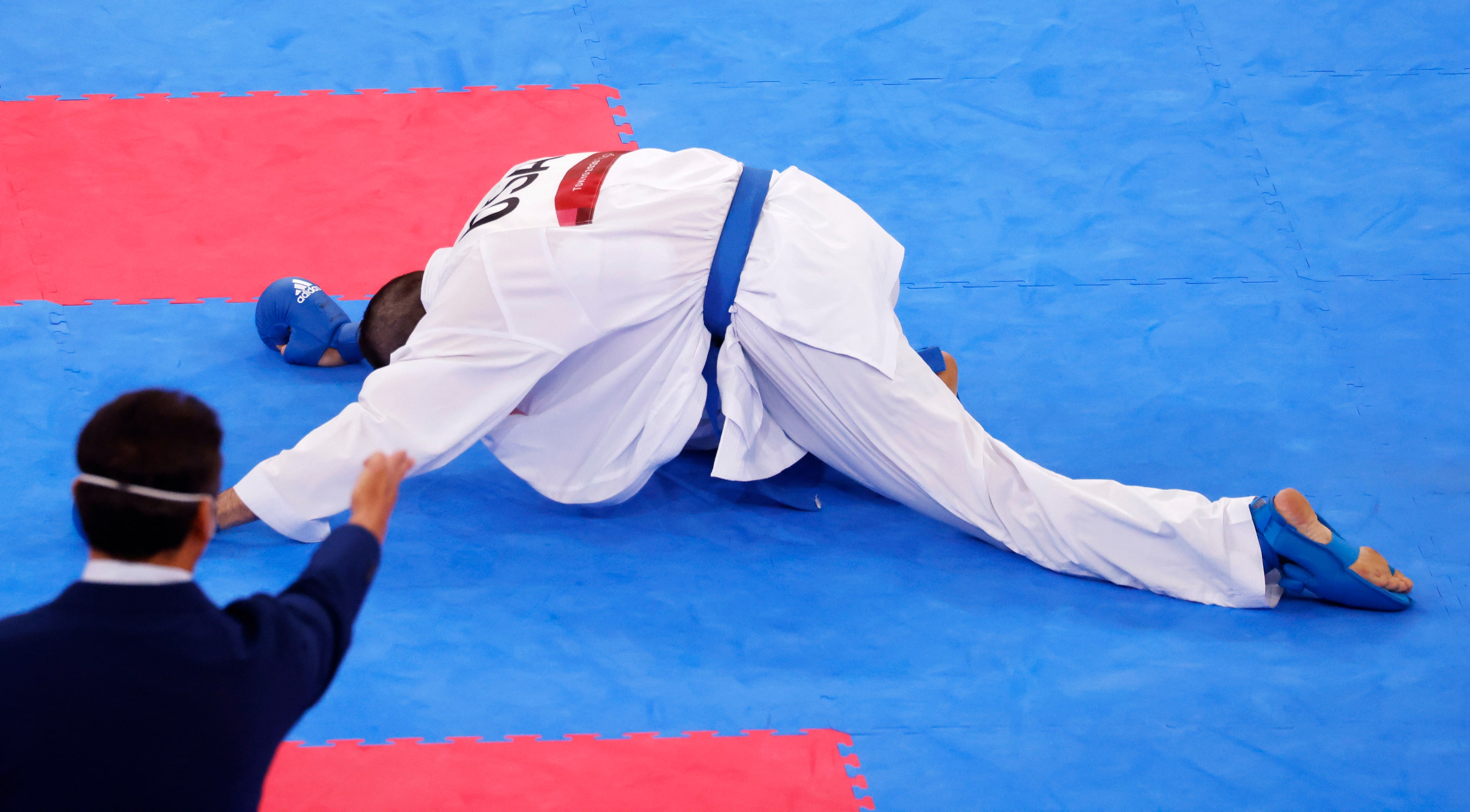 USA’s Tom Scott takes minute to get up after getting hit in the head by Egypt’s Abdalla...