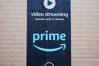 FILE - An Amazon Prime cardboard shipping box label is seen on March 17, 2023, in East...