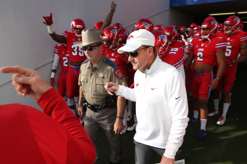 SMU head coach Chad Morris is pictured during the Navy Midshipmen vs. the SMU Mustangs NCAA...