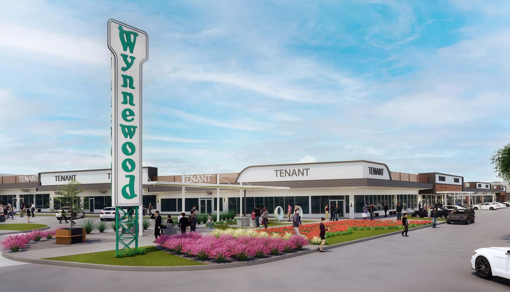 Rendering of a reimagined Wynnewood Village shopping center with more signs and walkways.