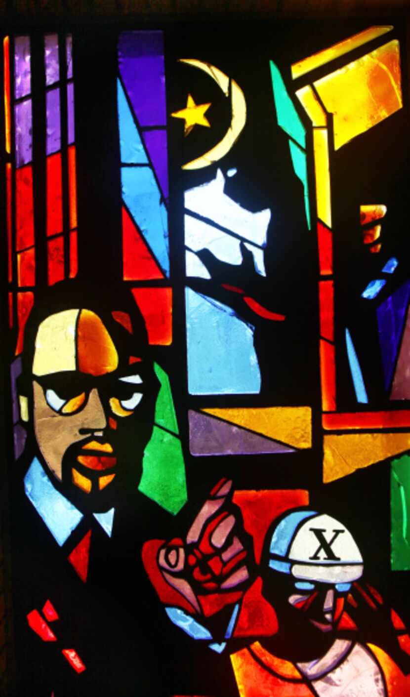 The Malcolm X stained glass window designed by artist Jean Lacy in the Sanctuary of the St....
