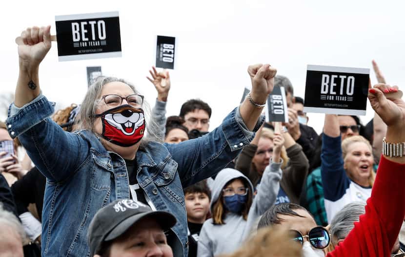 Beto O'Rourke supporters cheer as he speaks at a rally in Dallas on Sunday, Nov. 21, 2021....