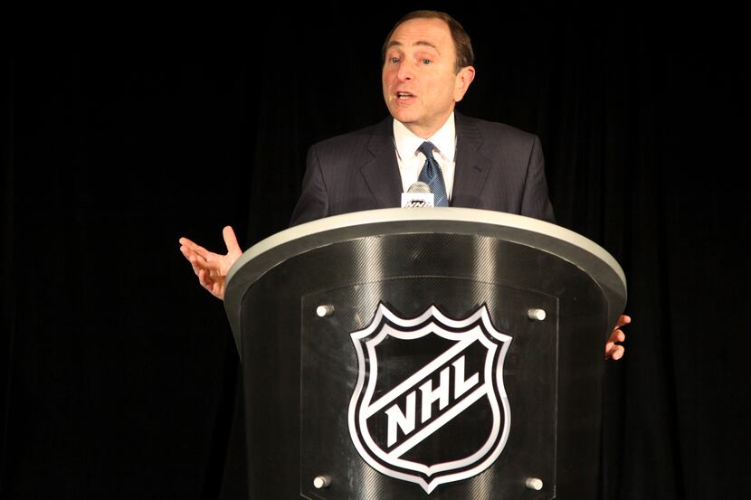 NHL commissioner Gary Bettman speaks to reporters after an NHL Board of Governors meeting,...