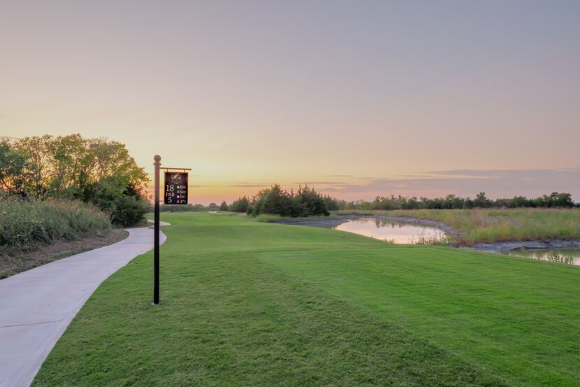 The par-5 finishing hole at Heath Golf and Yacht Club in Heath, Texas, is the longest hole...