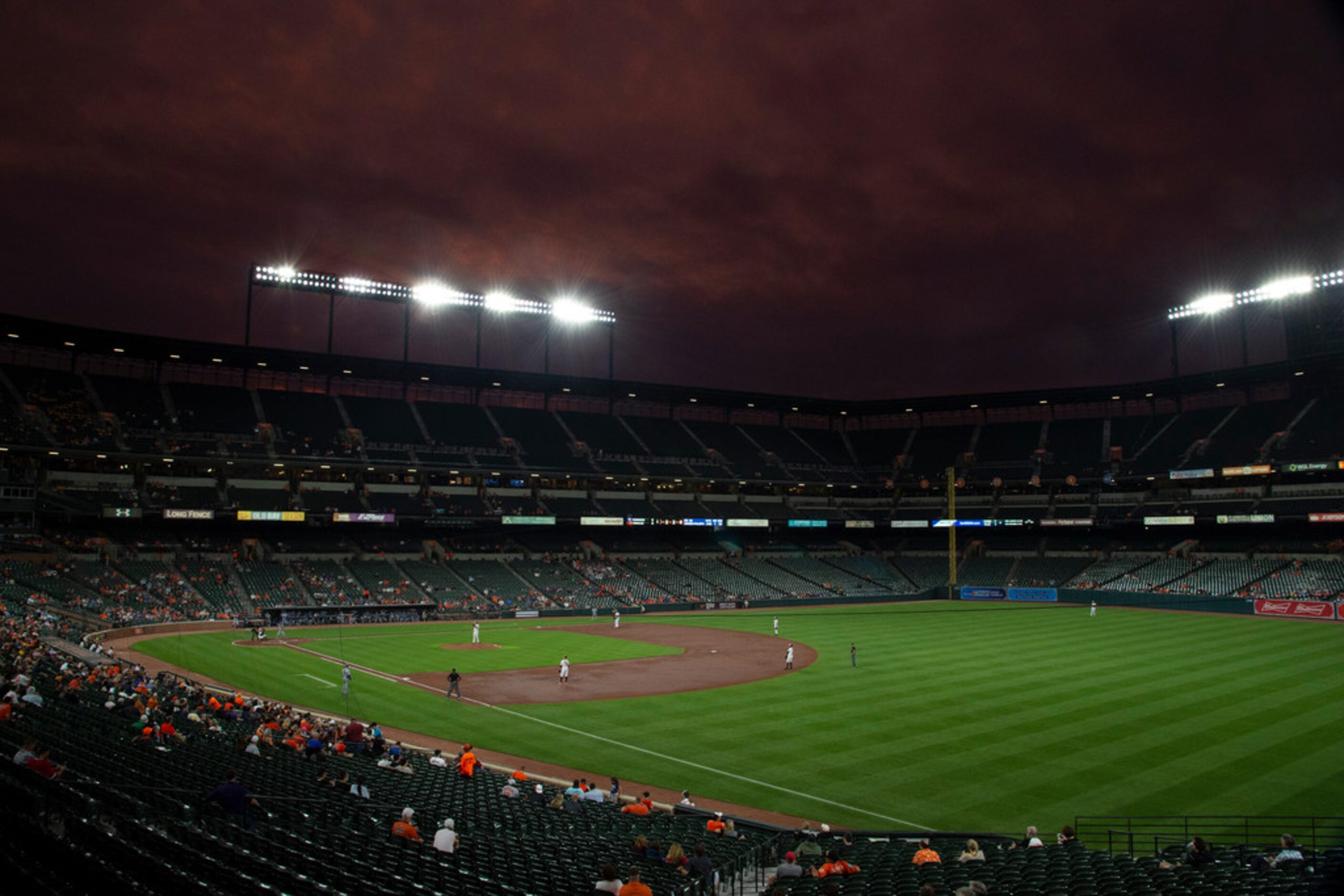 A general view of Oriole Park at Camden Yards during the third inning of a baseball game...