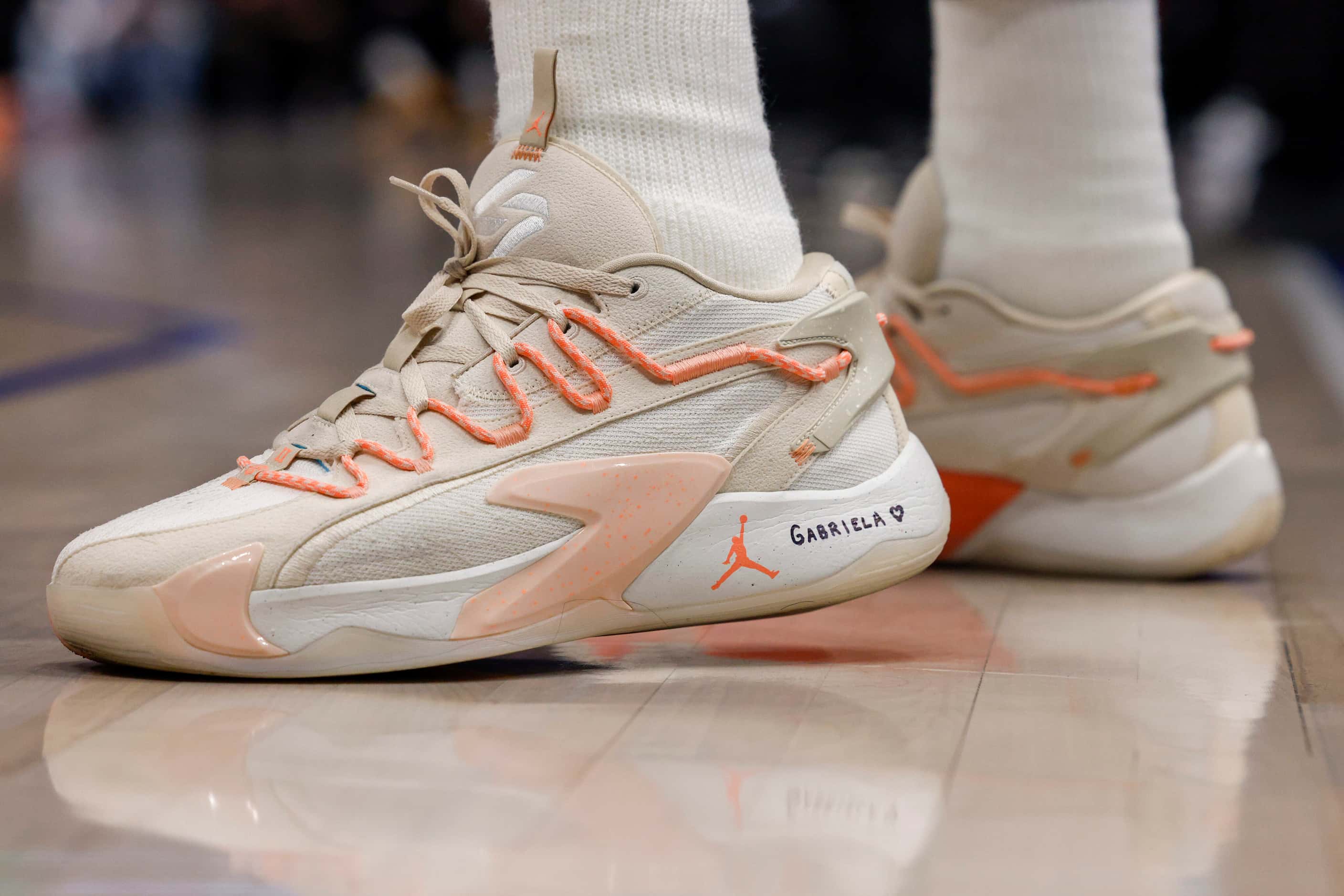 A detail view of the shoes of Dallas Mavericks guard Luka Doncic with his daughter’s name...