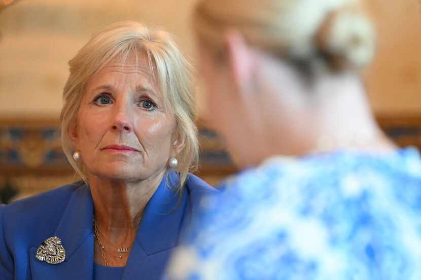 First Lady Jill Biden listens to Dr. Austin Dennard of Dallas during a conversation at the...