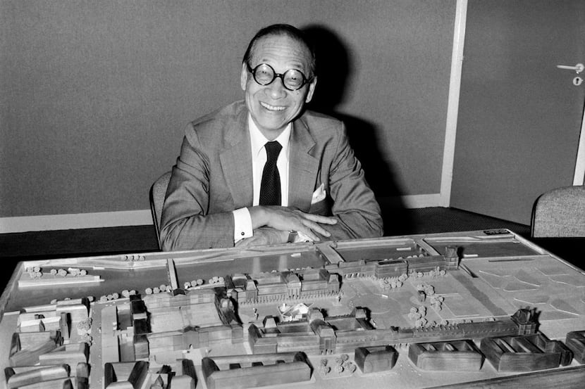 Chinese-American architect Ieoh Ming Pei poses with the architectural model of the Louvre...