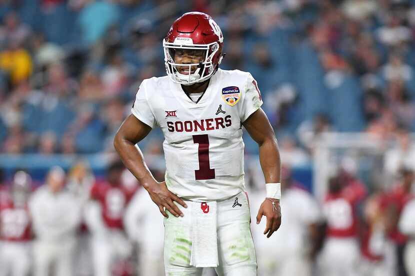 MIAMI, FL - DECEMBER 29: Kyler Murray #1 of the Oklahoma Sooners reacts after the play in...