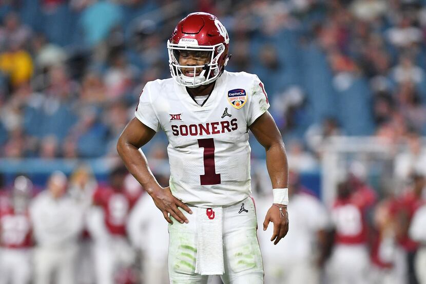 MIAMI, FL - DECEMBER 29: Kyler Murray #1 of the Oklahoma Sooners reacts after the play in...