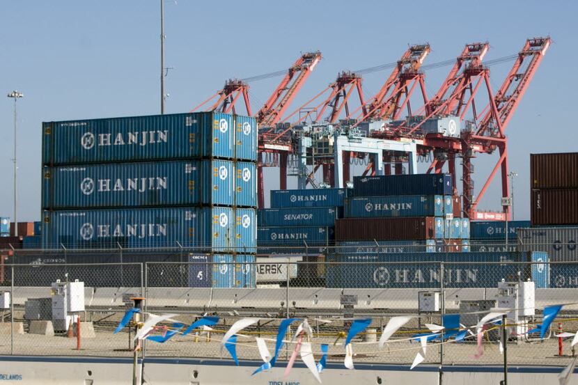 South Korea's Hanjin Shipping Co. containers are seen in the Port of Long Beach, Calif., on...