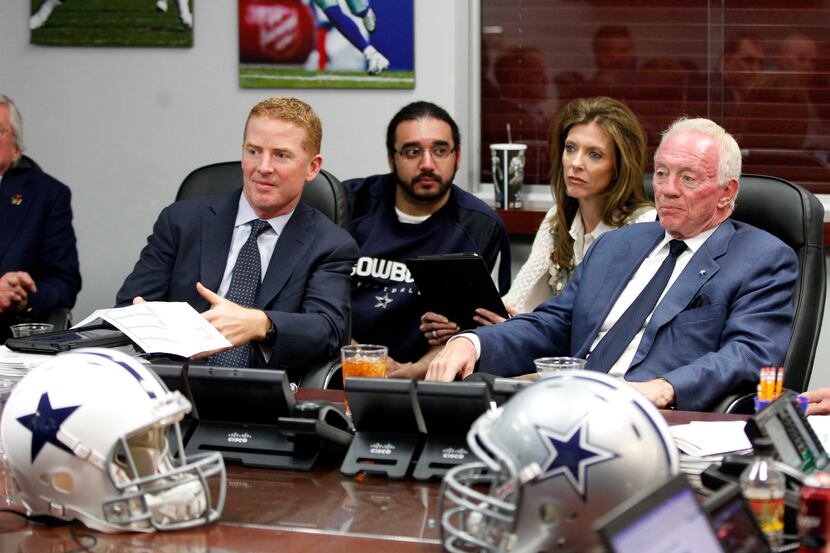 Dallas Cowboys head coach Jason Garrett and Dallas Cowboys owner and general manager Jerry...