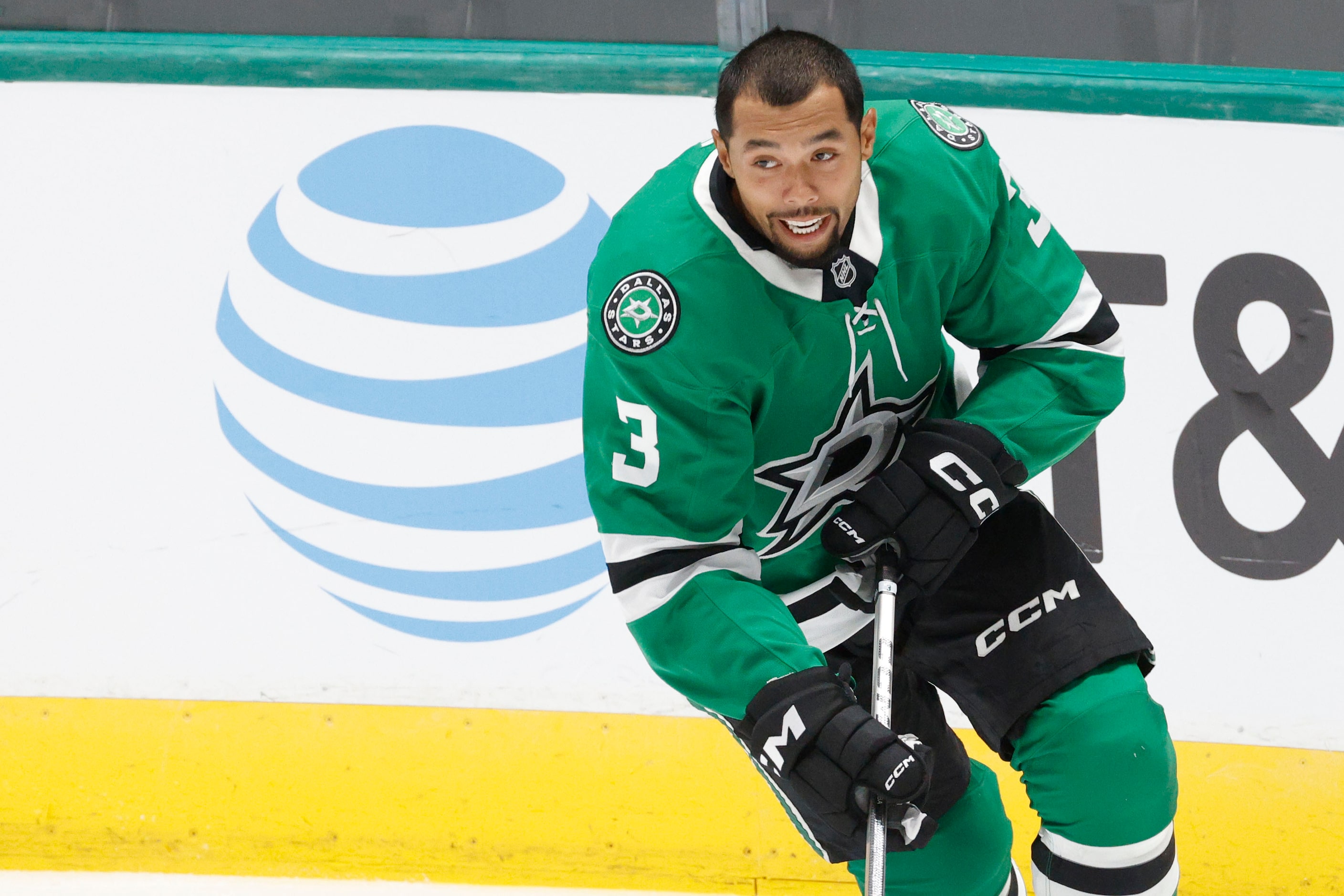 Dallas Stars defenseman Matt Dumba (3) skates in warm-ups prior to the game against...