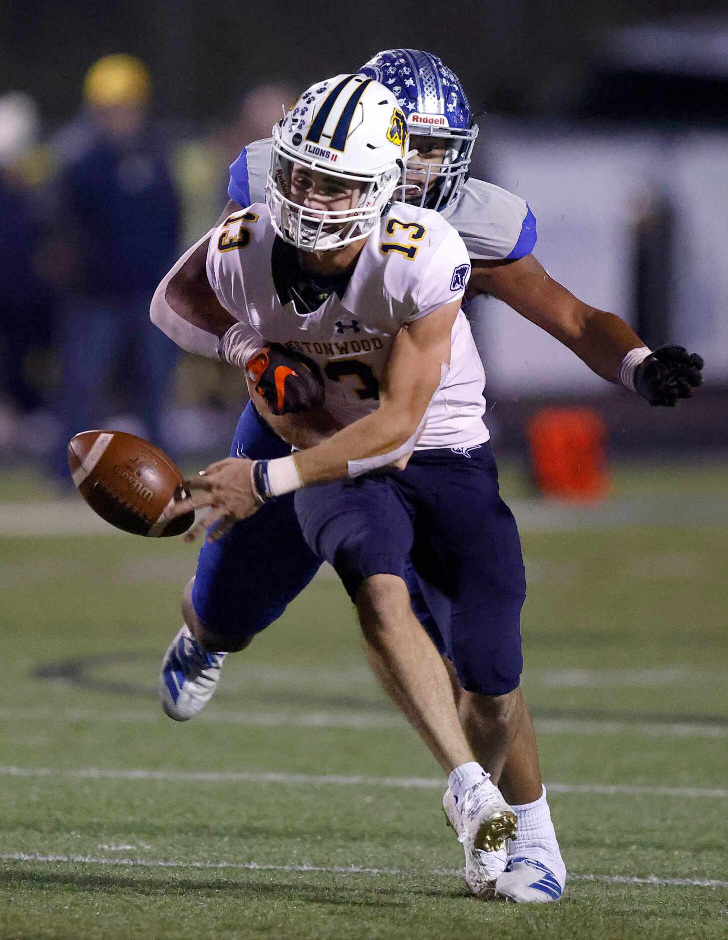 Fort Worth Nolan linebacker Samu Vave (15) forces Plano Prestonwood Christian Academy...