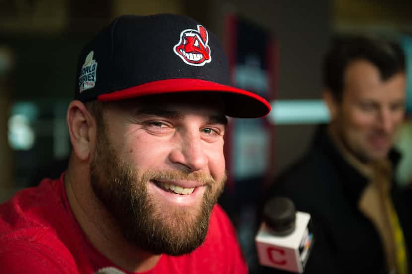 CLEVELAND, OH - OCTOBER 24: Mike Napoli #26 of the Cleveland Indians during World Series...