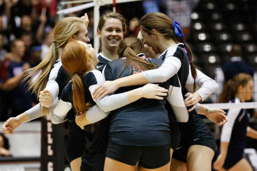 Coppell celebrates their Class 5A semi-finals win over Houston Clear Lake at the Curtis...