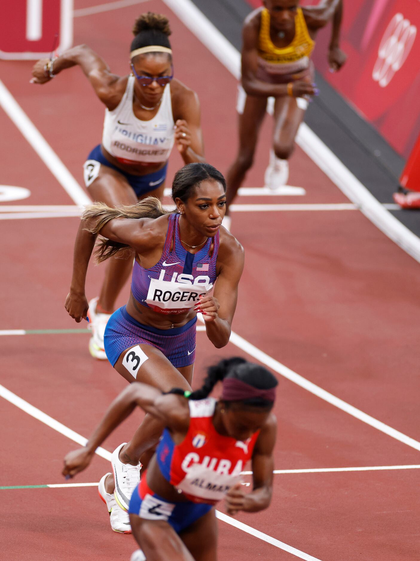 USA’s Raevyn Rogers competes in the women’s 800 meter semifinal race during the postponed...