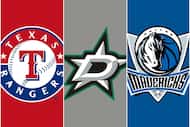 The logos for the Texas Rangers, Dallas Stars and Dallas Mavericks.