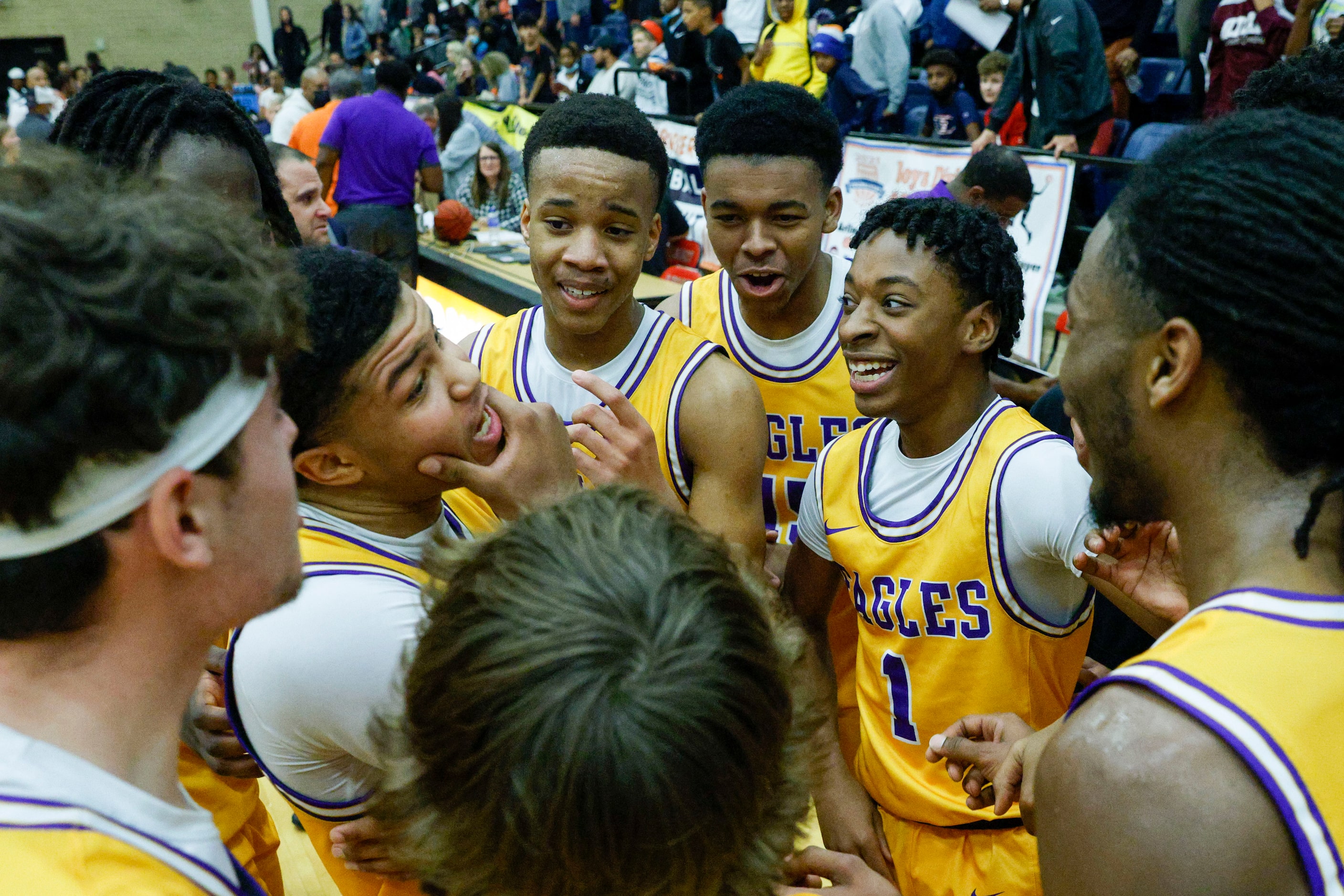 Richardson players celebrate after winning the Whataburger boys basketball tournament...