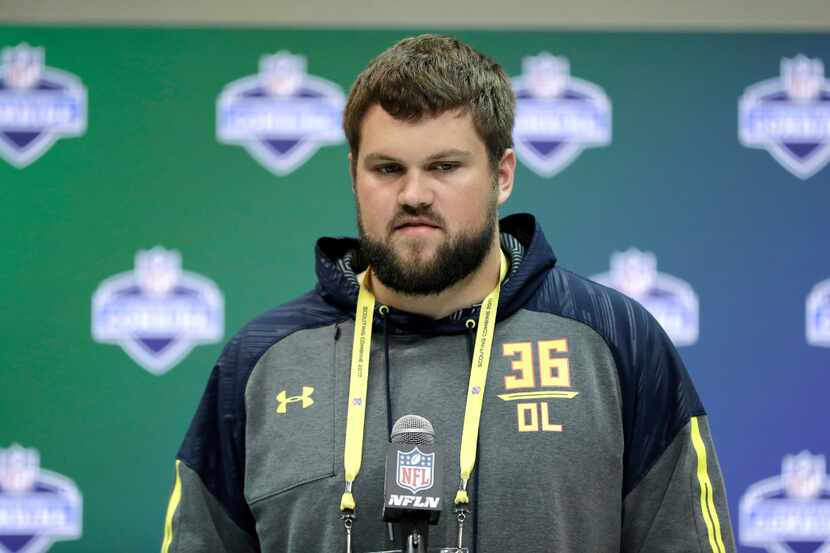 Wisconsin offensive lineman Ryan Ramczyk speaks during a news conference at the NFL football...