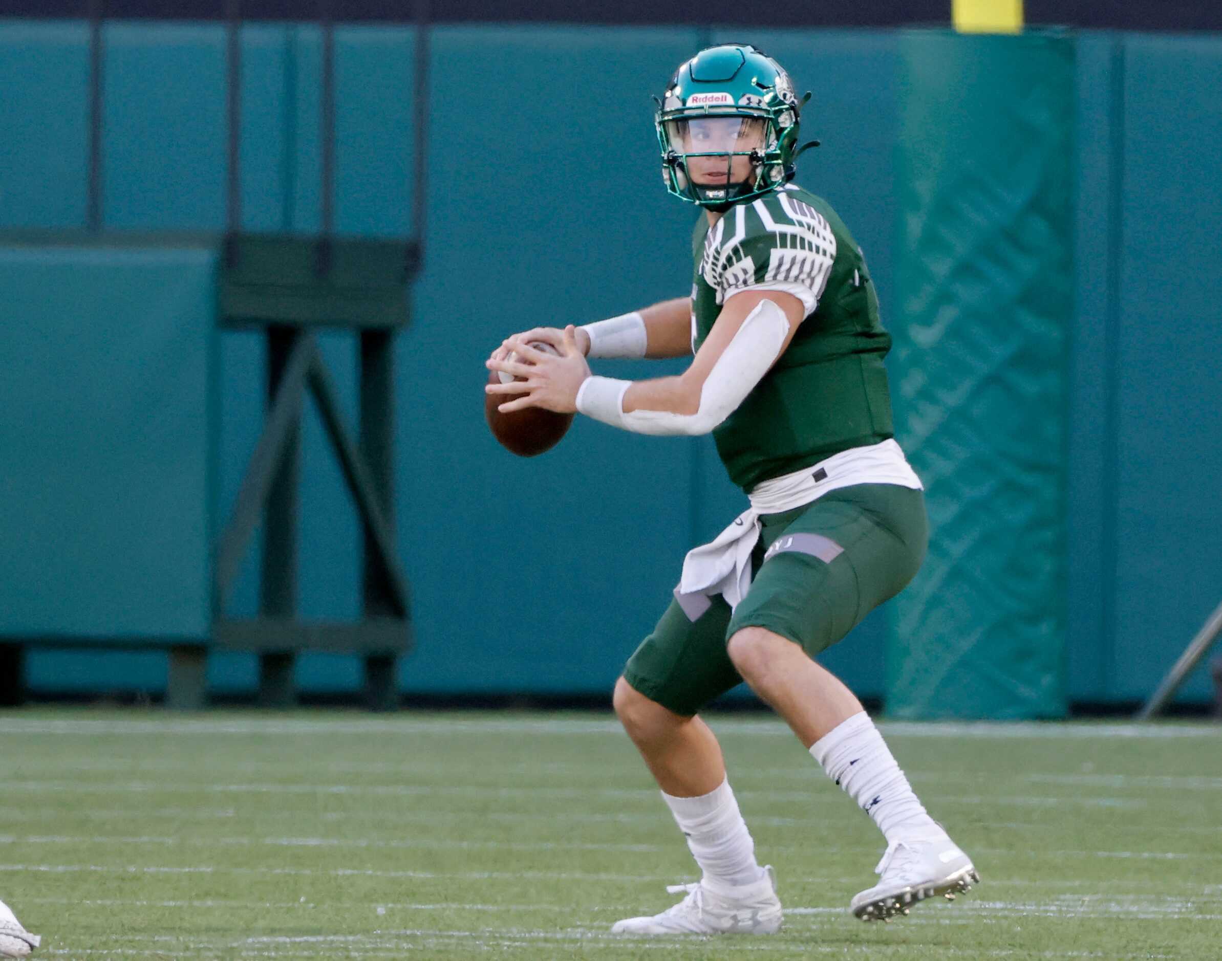 Prosper quarterback Jackson Berry (5) looks to throw against Northwest Eaton during the...