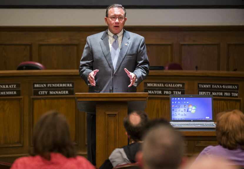 Rowlett Mayor Todd Gottel delivers his state of the city address during a city council...