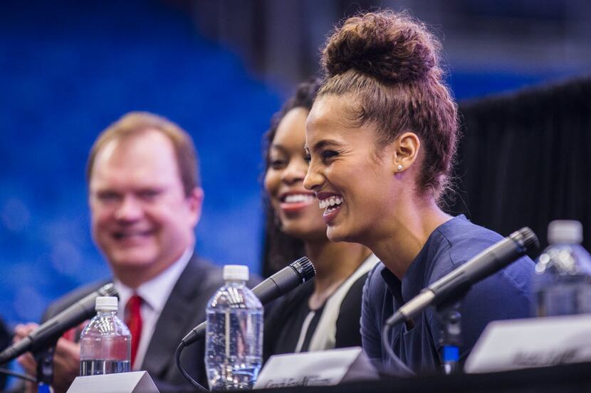 WNBA player Skylar Diggins laughs during a press conference unveiling the name and logo of...