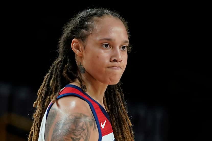 FILE - United States' Brittney Griner (15) celebrates during the women's basketball gold...