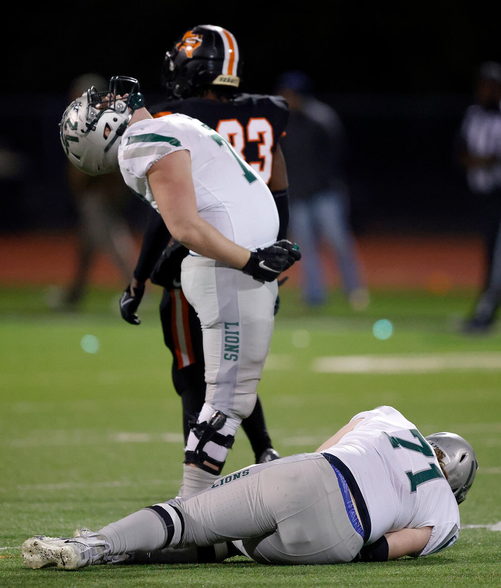 Frisco Reedy offensive lineman Sam Guitteau (72) reacts after his fellow lineman Cody Meyers...