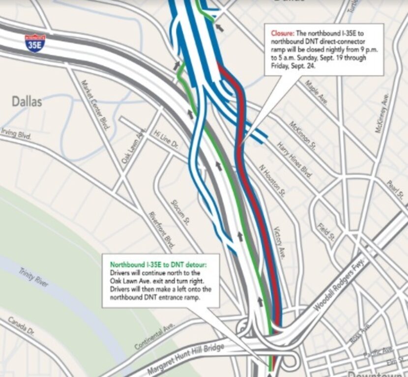 The ramp connecting the northbound lanes of Interstate 35E to the northbound lanes of Dallas...