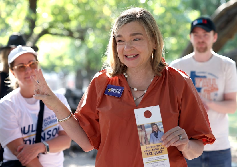 Democratic Texas House candidate Elizabeth Ginsberg speaks to supporters gathered for a...