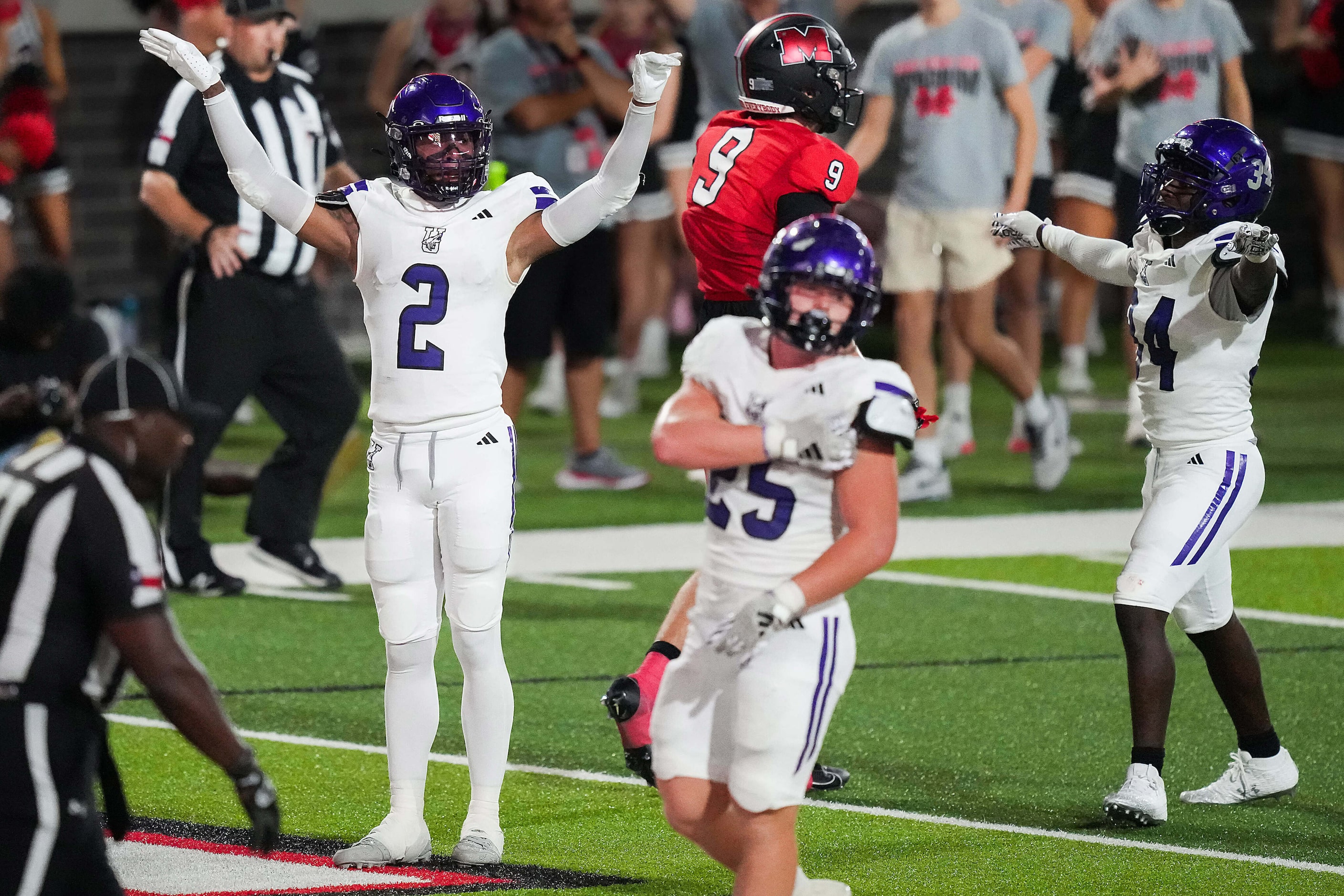 Anna defensive back Zadian Gentry (2) celebrates after the Coyotes stopped Melissa on a...