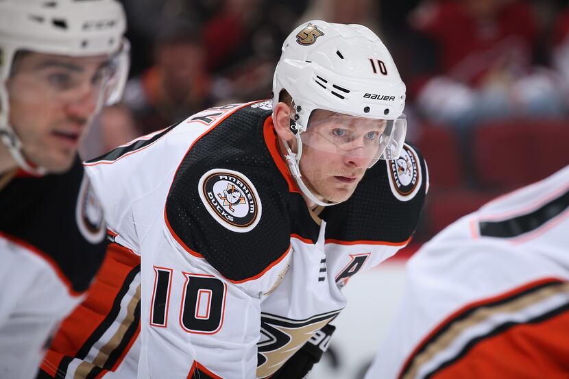 GLENDALE, ARIZONA - MARCH 14:  Corey Perry #10 of the Anaheim Ducks awaits a face-off during...