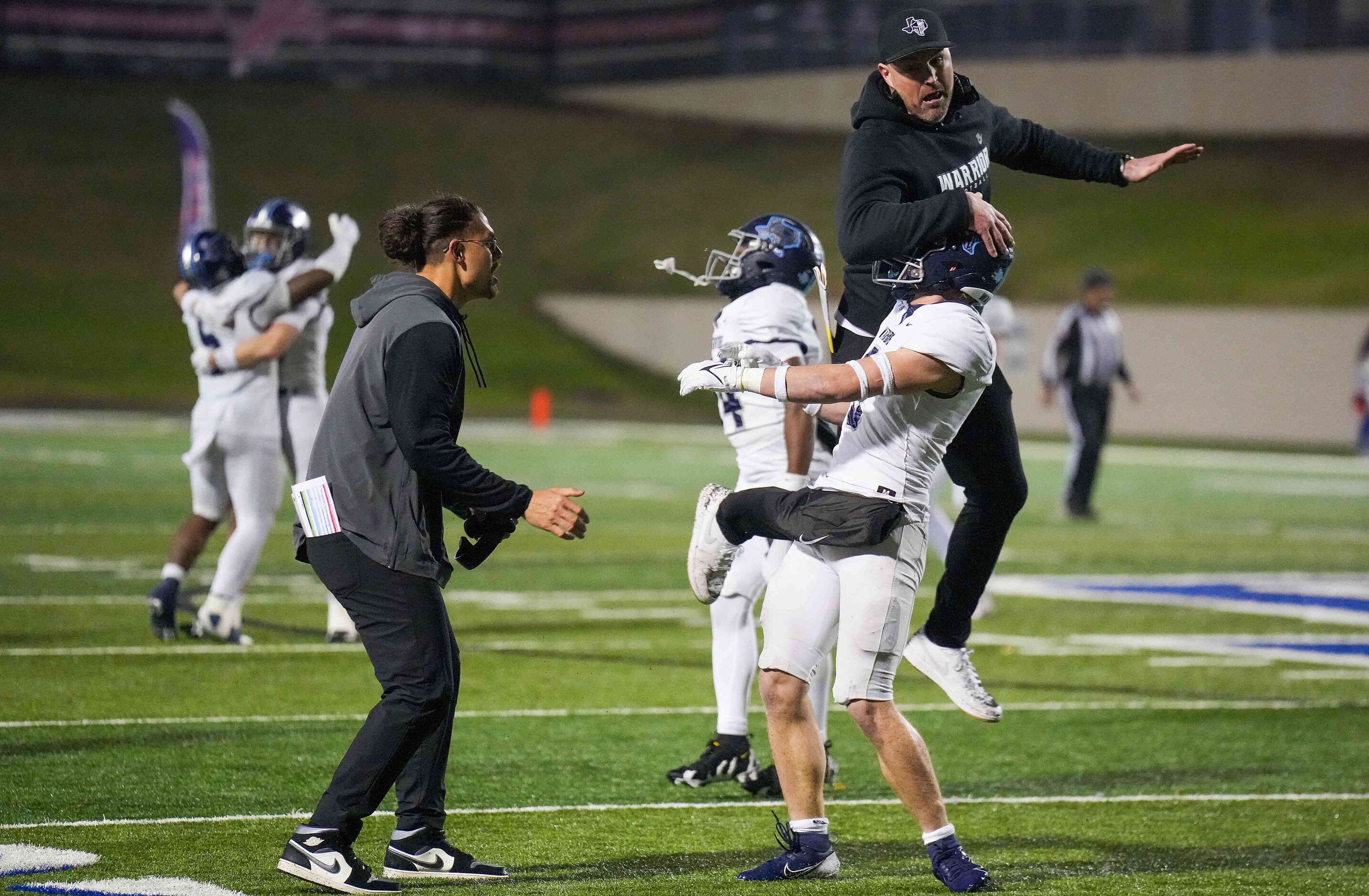 Argyle Liberty Christian linebacker CJ Witten (3) celebrates head coach Jason Witten after a...