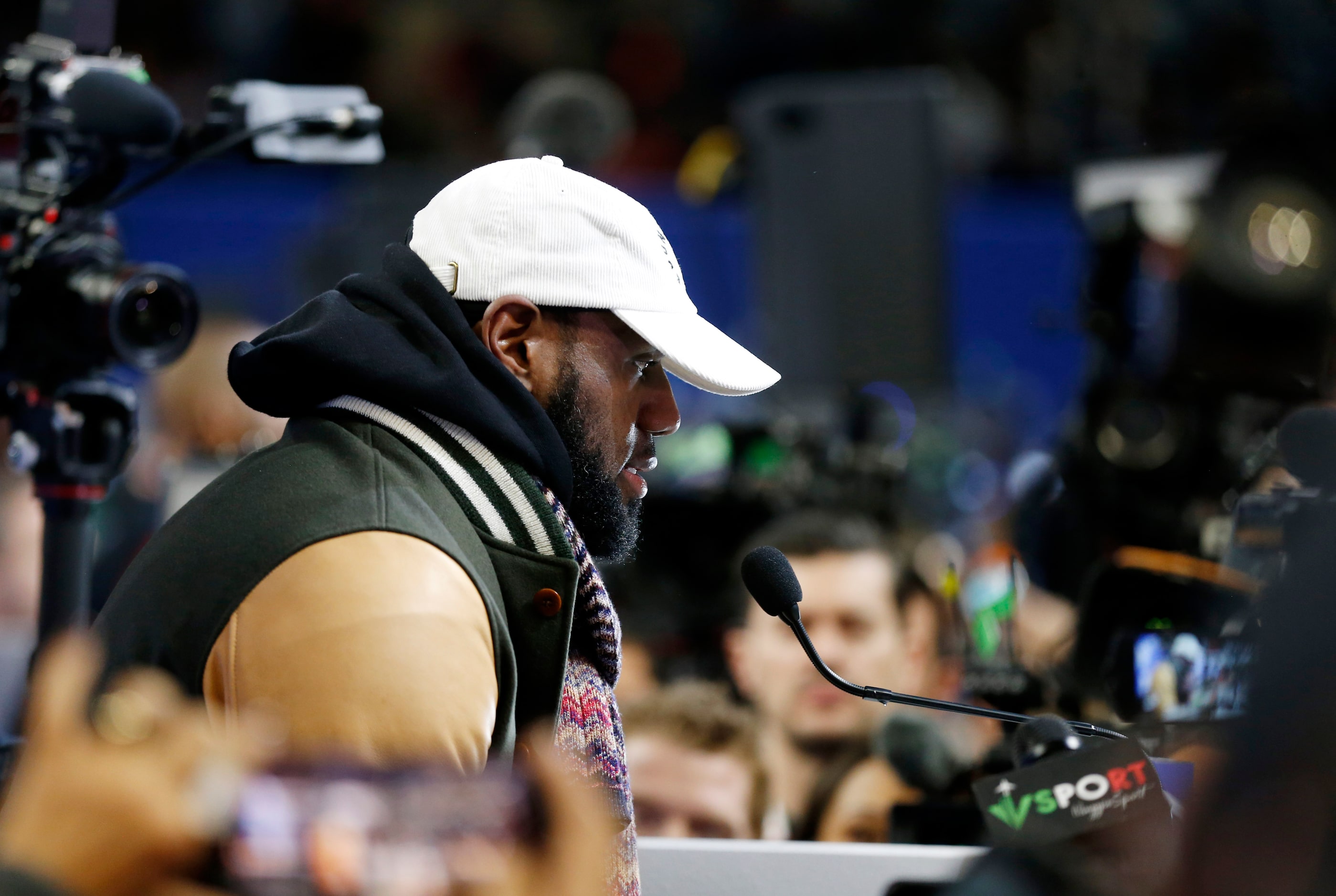 Team LeBron's Los Angeles Lakers LeBron James (2)  answers questions from the media during...