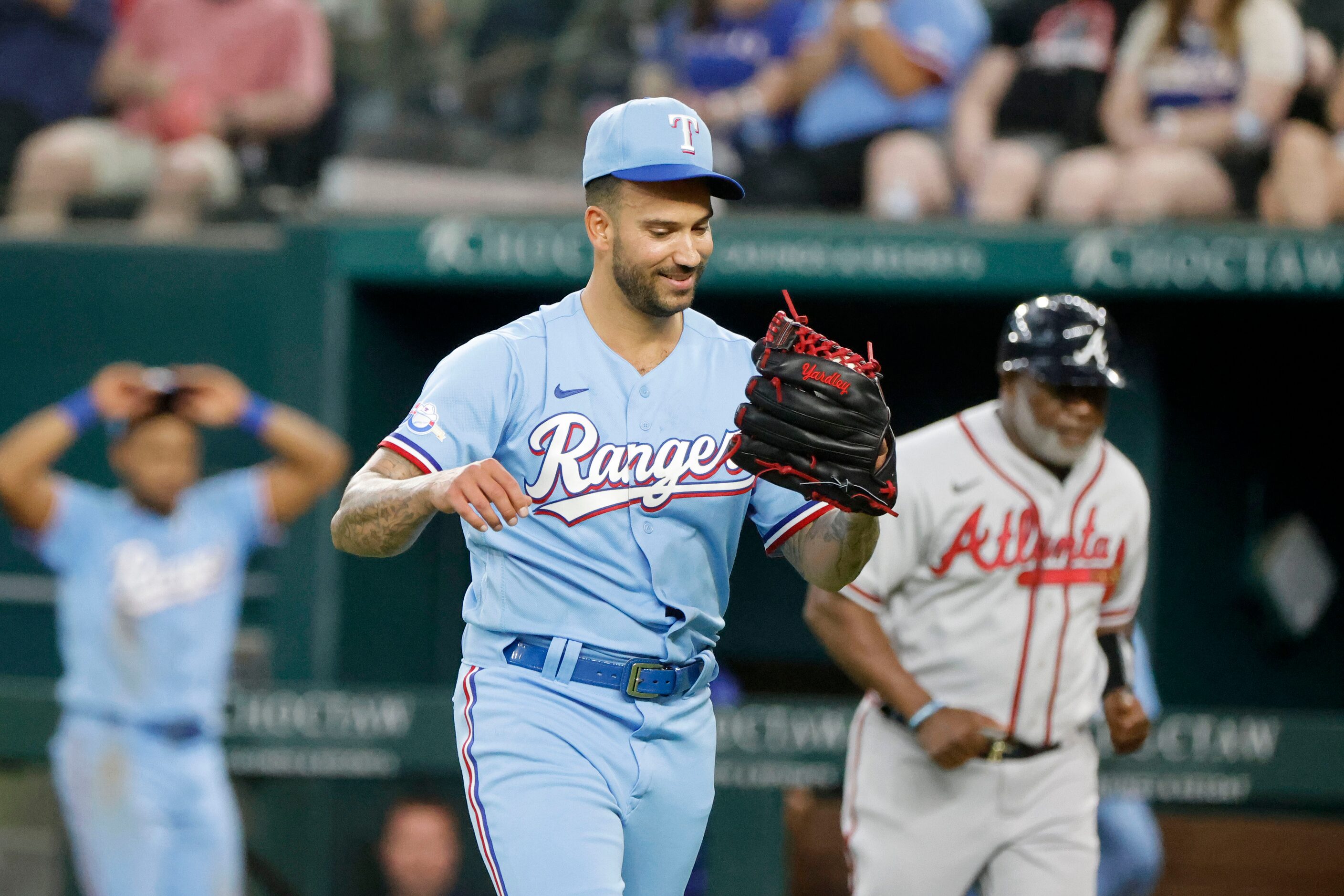 Texas Rangers relief pitcher Matt Bush (51) celebrates as the Rangers defeated the Atlanta...