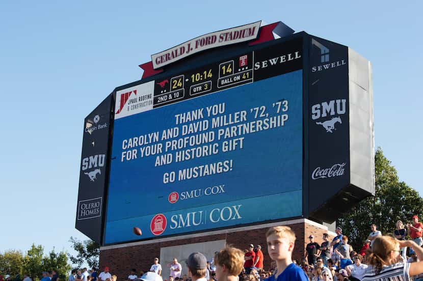 SMU posted a thank you to Carolyn and David B. Miller at its football game at Gerald J. Ford...