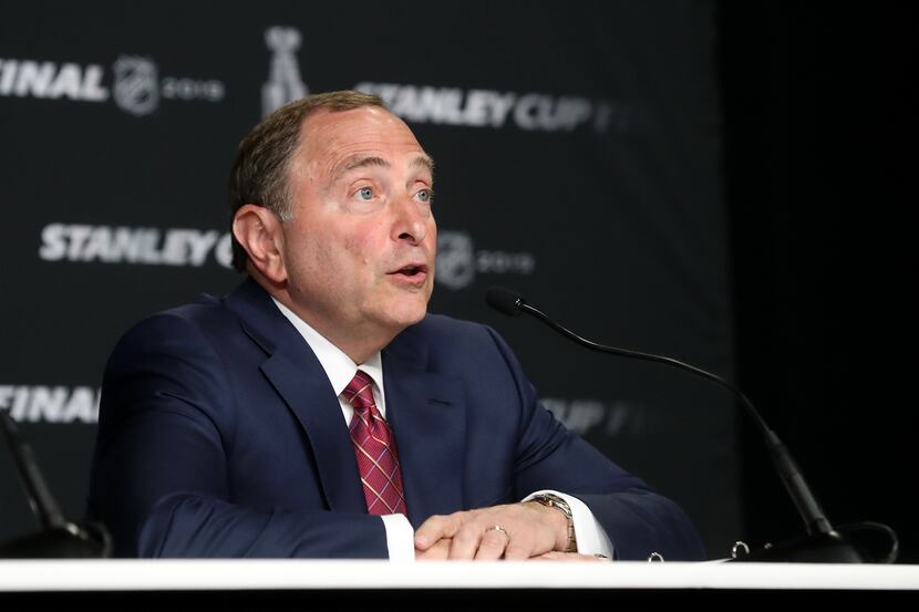BOSTON, MASSACHUSETTS - MAY 27: NHL Commissioner Gary Bettman speaks during a press...
