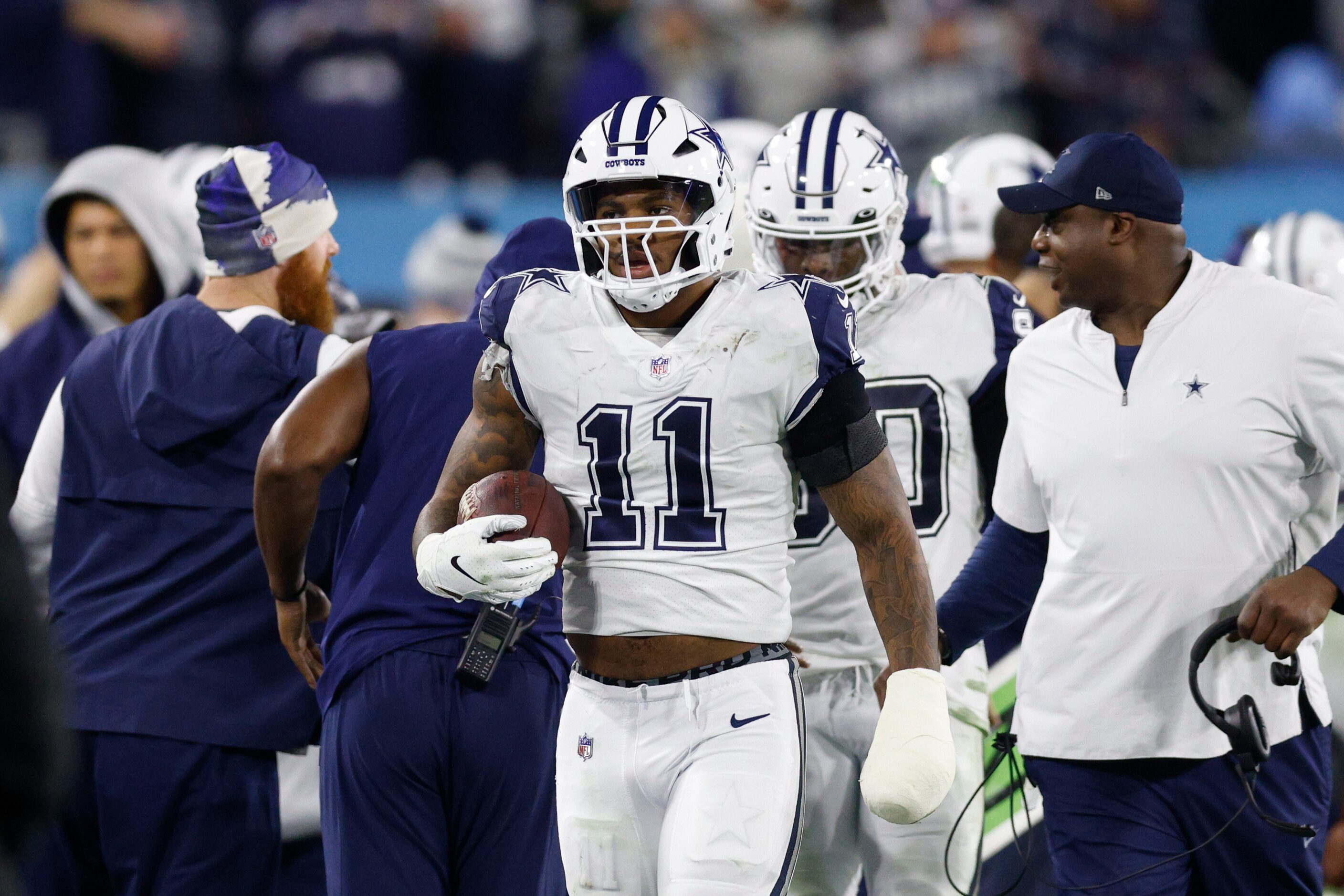 Dallas Cowboys linebacker Micah Parsons (11) walks to the bench after recovering a fumble...