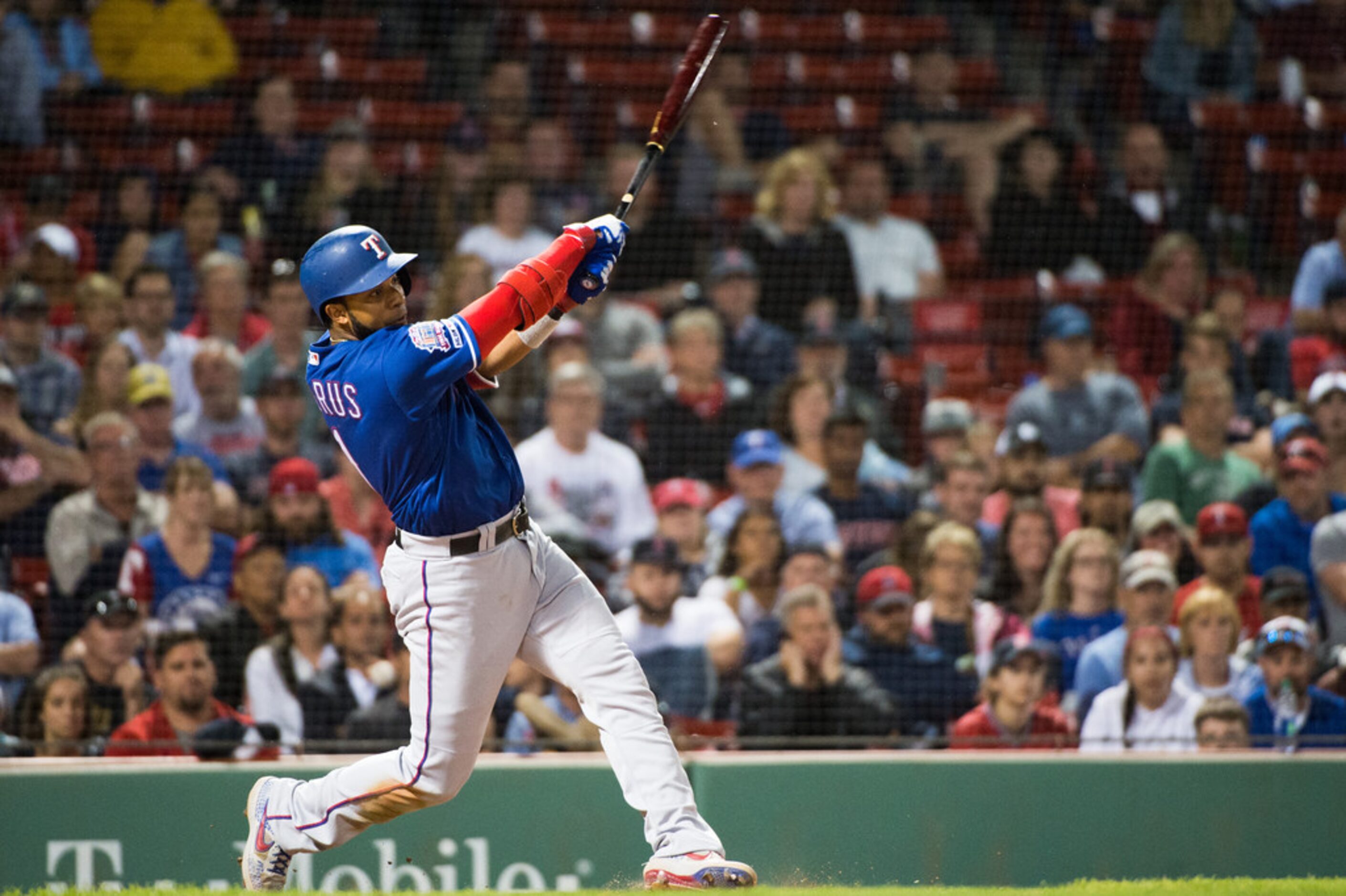 BOSTON, MA - JUNE 10: Elvis Andrus #1 of the Texas Rangers hits a game winning RBI single in...