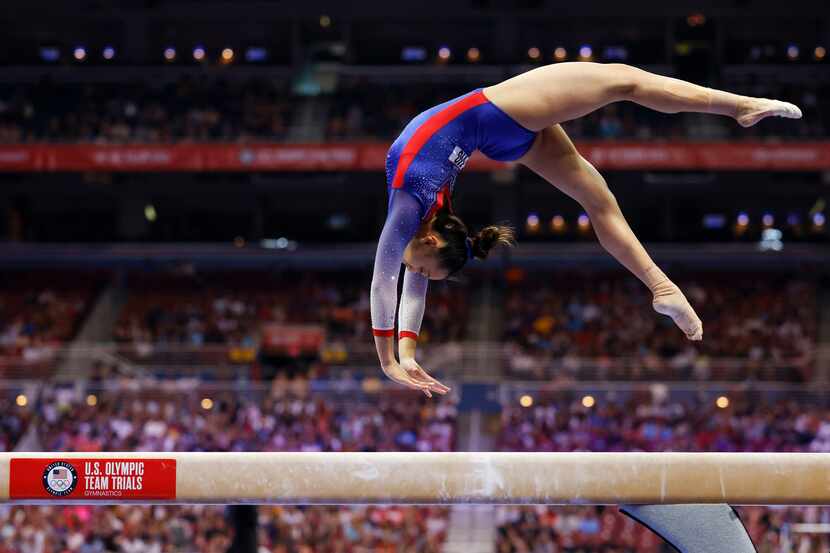 Emma Malabuyo of Texas Dreams competes on the balance beam during day 1 of the women's 2021...