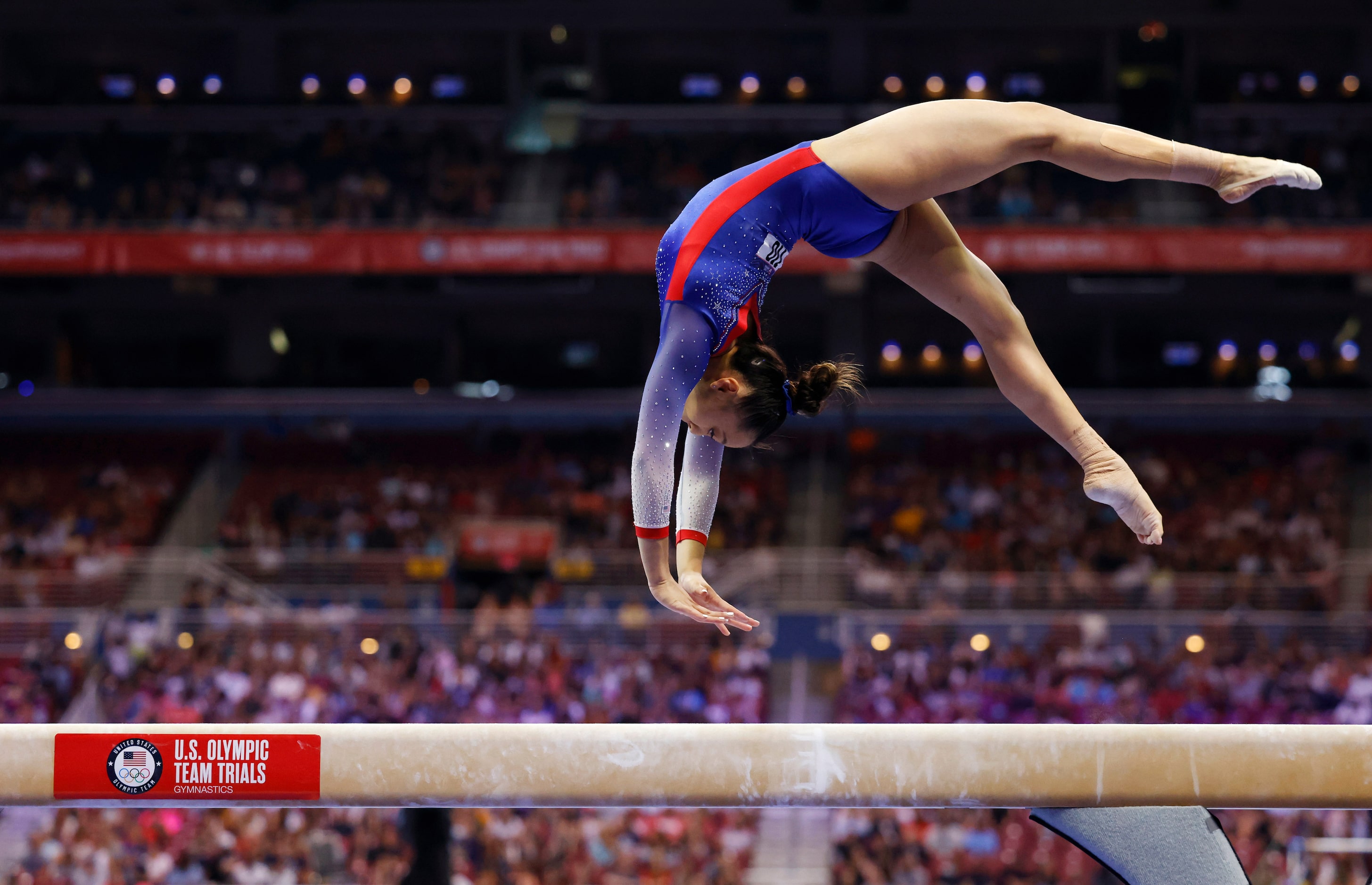 Emma Malabuyo of Texas Dreams competes on the balance beam during day 1 of the women's 2021...