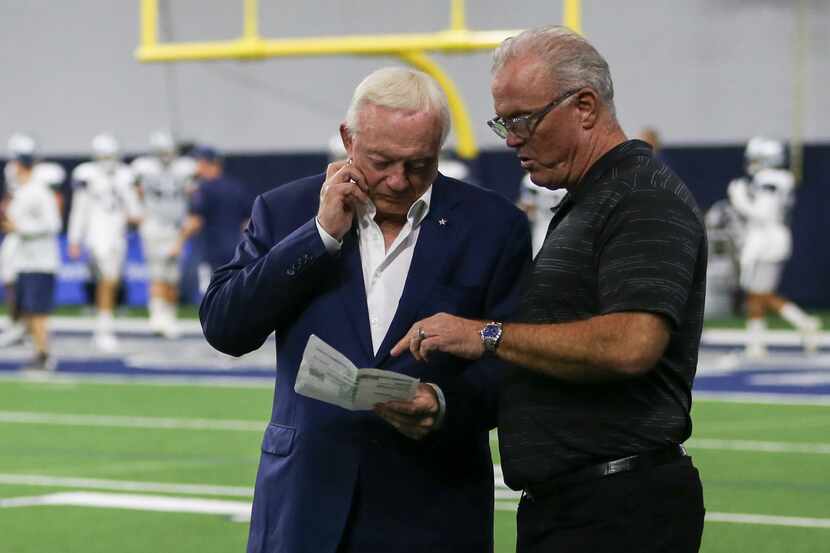 Jerry Jones, left, and Stephen Jones attend a Dallas Cowboys practice on Tuesday, Aug. 27,...