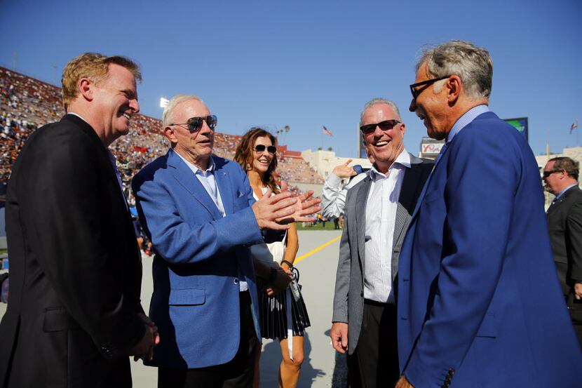 (from left) NFL Commissioner Roger Goodell, Dallas Cowboys owner Jerry Jones, Cowboys Vice...