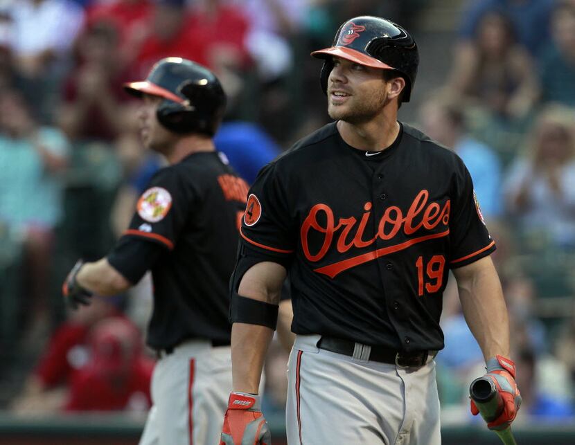 Baltimore Orioles first baseman Chris Davis (19) reacts after striking out against Texas...