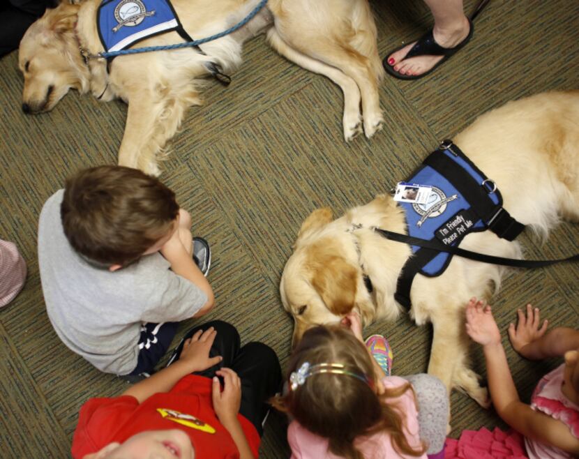 Students at West Elementary School petted therapy dogs from Lutheran Church Charities on...