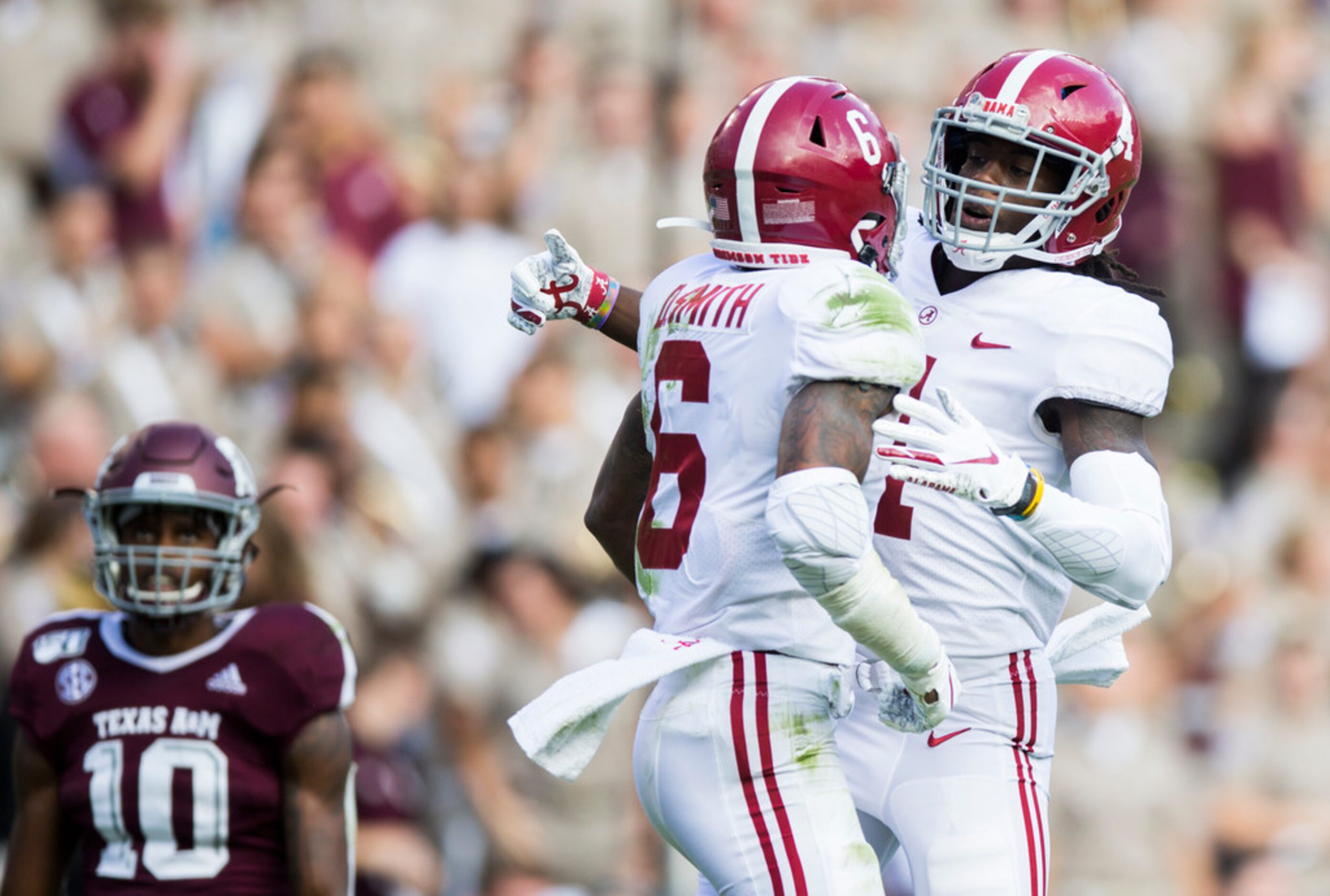 Texas A&M Aggies defensive back Myles Jones (10) rolls his eyes as Alabama Crimson Tide wide...